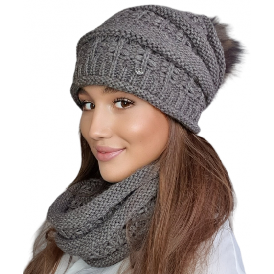 Liana Taupe Bonnet Pompon & Snood Set - TRACLET