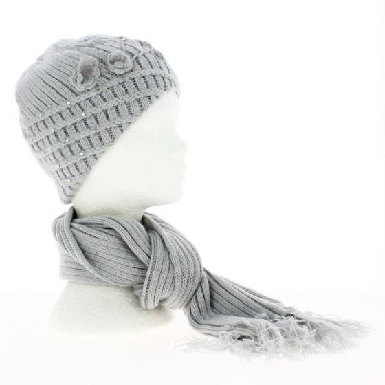Ensemble Bonnet Strass Echarpe Frange Laine gris - Traclet