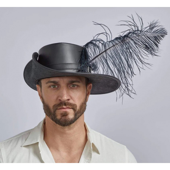 Wide Brim Leather Cavalier Hat Black - Head'nHome