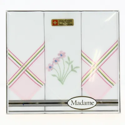 3 Pink Flower Embroidered Cotton Handkerchiefs - Traclet