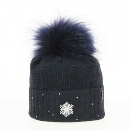Betty Wool Fur Pompom Beanie Navy Blue - Kristo