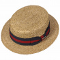 Natural Straw Boater Hat with Red & Navy Blue Ribbon - Stetson