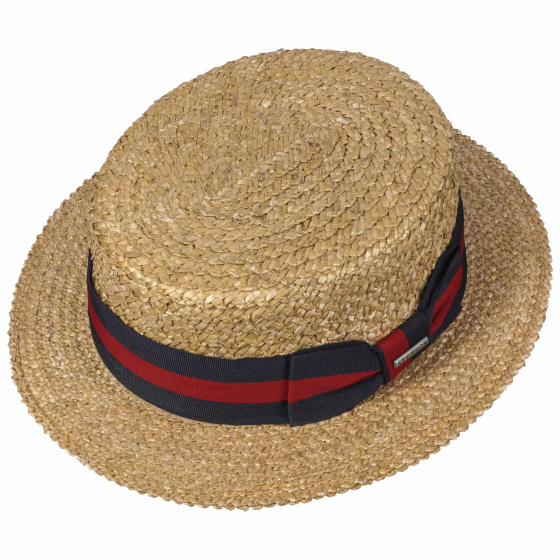 Natural Straw Boater Hat with Red & Navy Blue Ribbon - Stetson