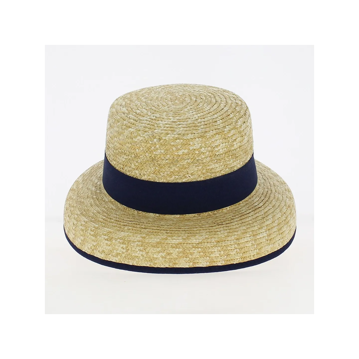 Blue ribbon straw cloche boater hat - Traclet