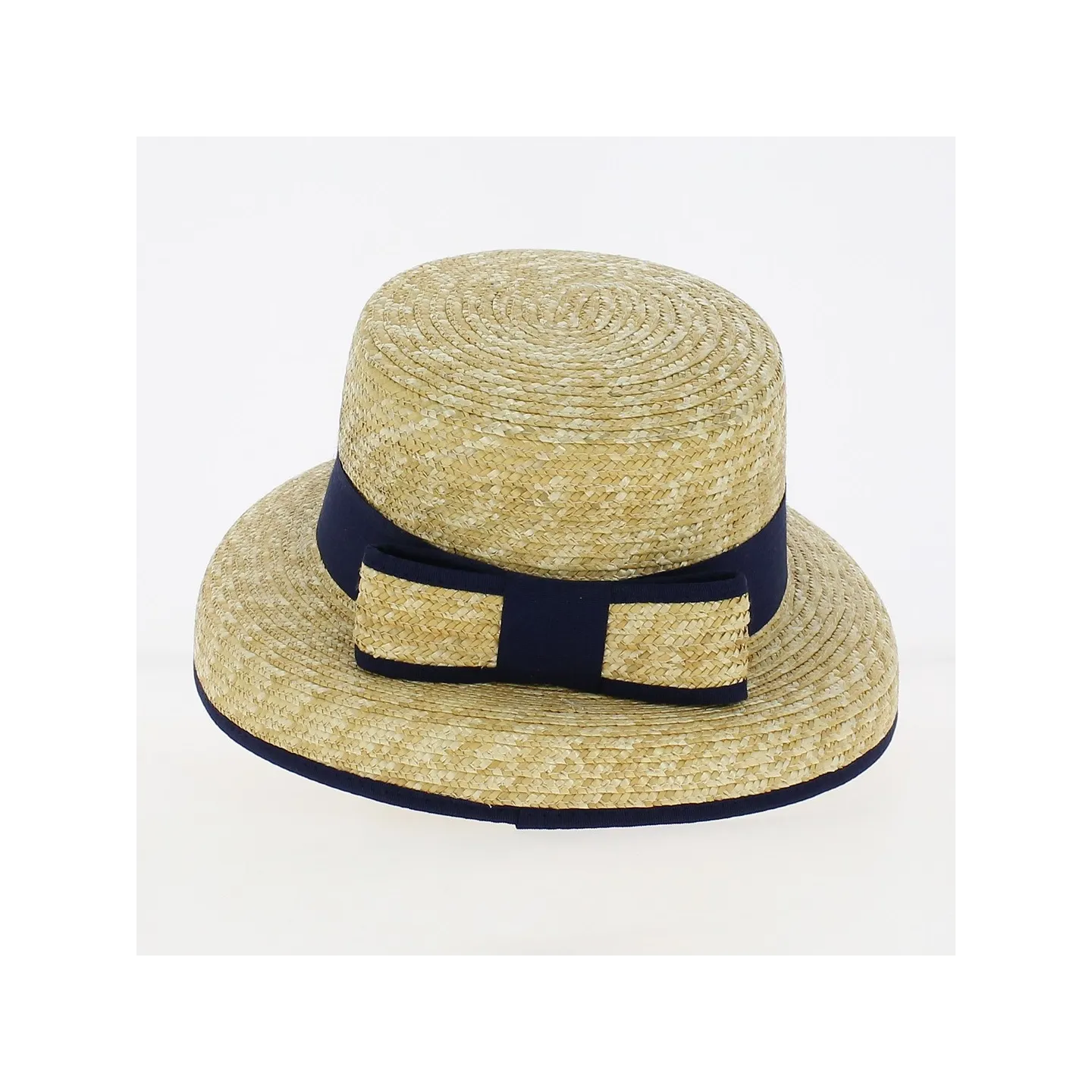 Blue ribbon straw cloche boater hat - Traclet