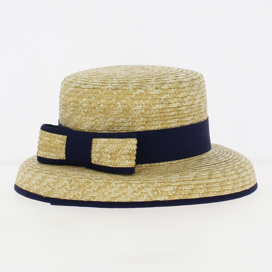 Chapeau canotier-cloche paille ruban bleu - Traclet