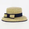 Blue ribbon straw cloche boater hat - Traclet