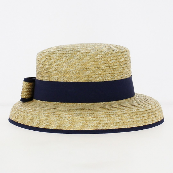 Blue ribbon straw cloche boater hat - Traclet
