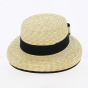 Black ribbon straw cloche boater hat - Traclet
