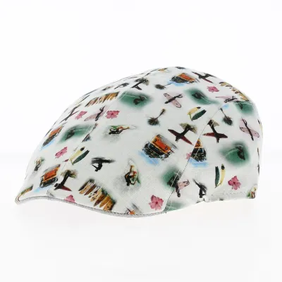 Paperino Flat Cap White Cotton Hawaiian Pattern - Traclet