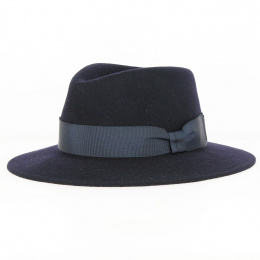 Navy Wool Felt Chester Fedora Hat - Traclet