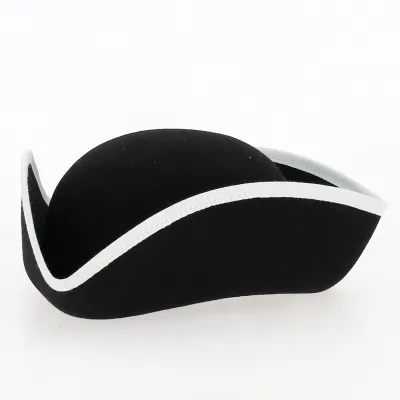 Small Black Wool Felt Tricorn with White Trim - Traclet