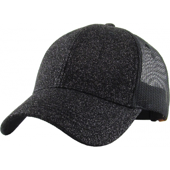 Women's Black Glitter Baseball Cap with Ponytail - Traclet